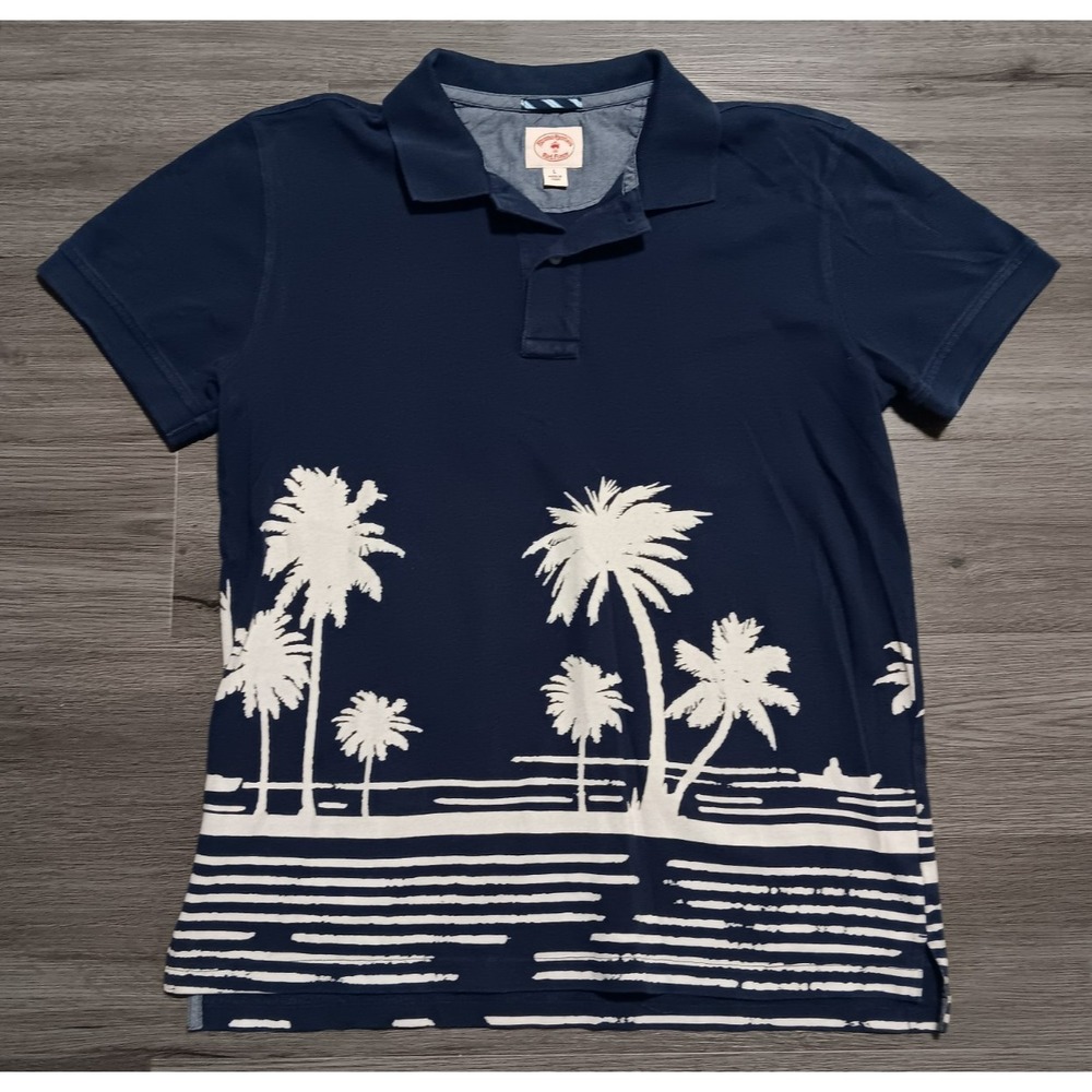 Brooks Brothers Men's Navy Blue Palm Tree Print Red Fleece Polo Shirt Size Large